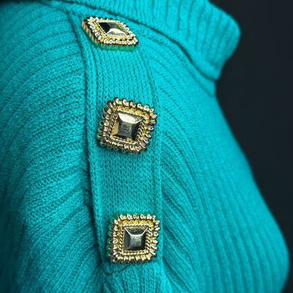 Vintage St. John Collection by Marie Gray Sweater Gold Button Teal Green Size M - Picture 13 of 13